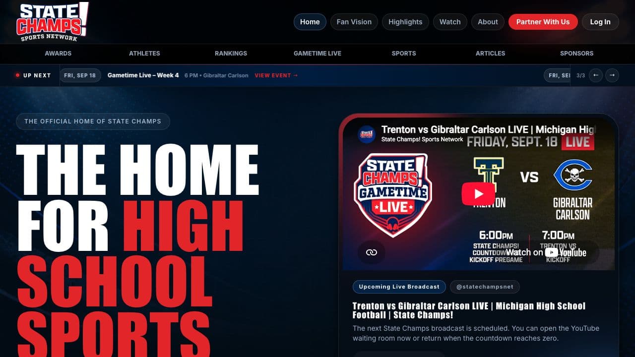 State Champs Sports Network homepage showing its live high school sports broadcast experience
