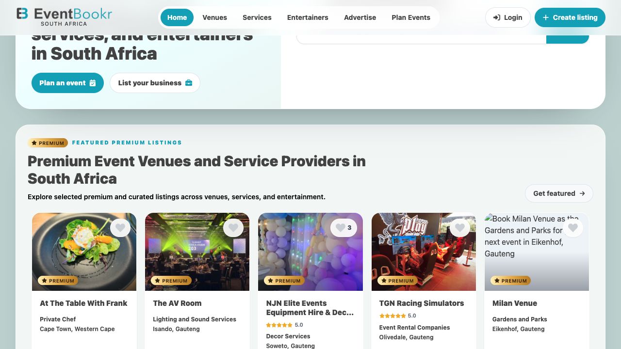 EventBookr marketplace interface showing premium event venues and service-provider listing cards