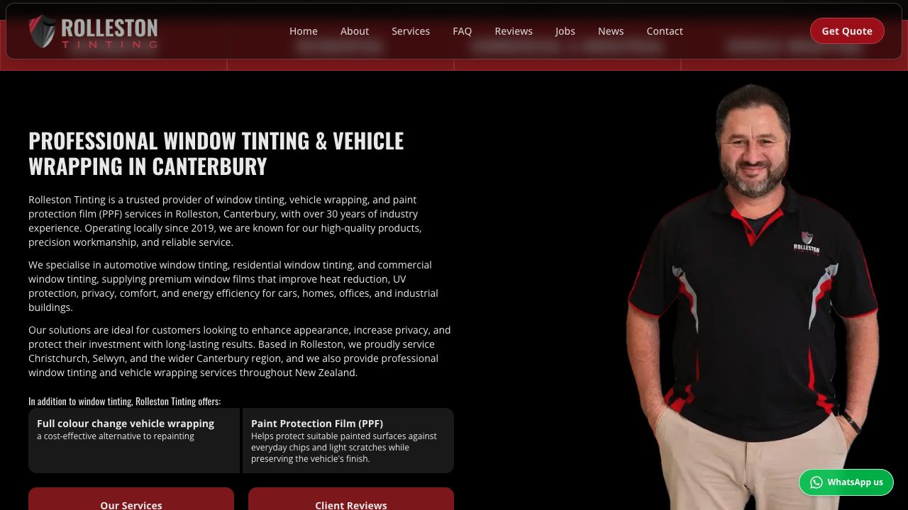 Rolleston Tinting website section introducing its Canterbury window tinting and vehicle wrapping expertise