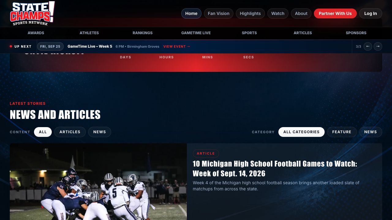 State Champs Sports Network news interface with content filters and a featured Michigan high school football article